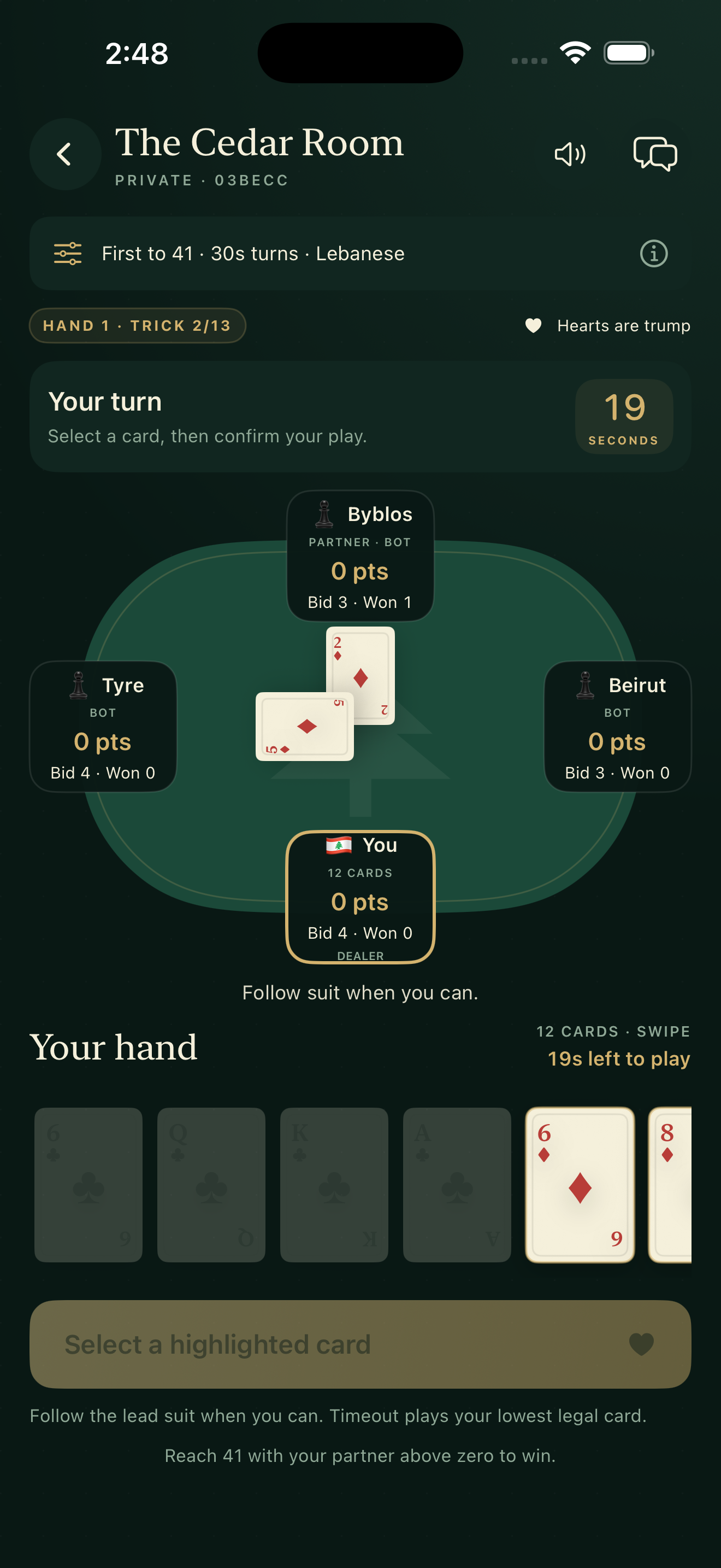 400 iPhone game: a private Cedar Room with four seats, hearts as trump, a turn timer and your cards.